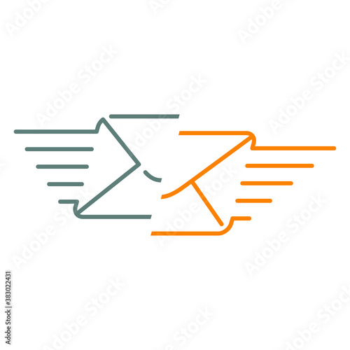 Bandeja de entrada. Logotipo lineal con sobres con líneas de velocidad en gris y naranja