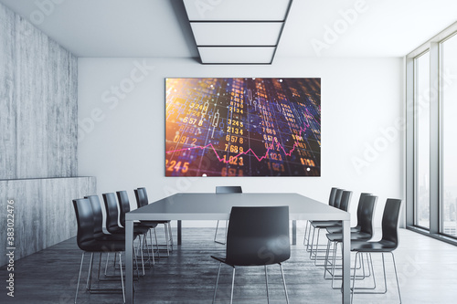 Abstract graphic data spreadsheet sketch on tv display in a modern presentation room, analytics and analysis concept. 3D Rendering