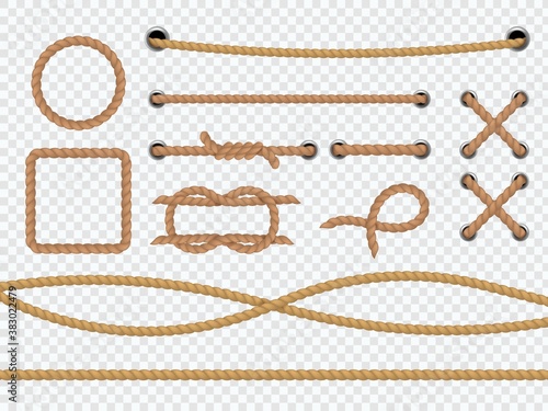 Realistic ropes. Marine round and square cord borders, brown jute or hemp cordage with tie, loop and knot, curve straight lasso sailing vector 3d frames on transparent background