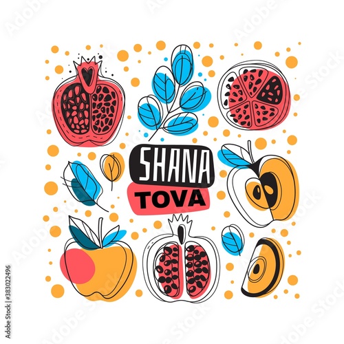 Rosh hashanah. Happy Shana Tova blessing and sweet new year, greeting card banner or poster with jewish holiday symbols pomegranate and apple vector background isolated on white