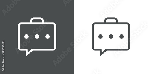 Información de viajes. Preguntas más frecuentes. Logotipo lineal puntos en maletín como burbuja de habla en fondo gris y fondo blanco