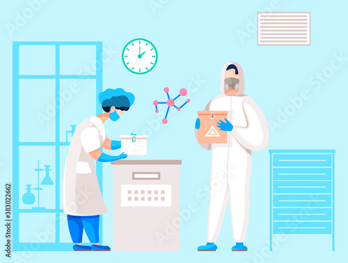 Researching laboratory with specialists wearing protective masks and uniform. People making analysis of infection or virus. Woman and man in lab, testing new vaccine or treatment. Vector in flat