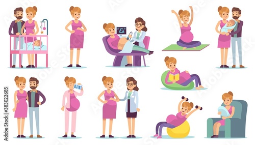 Pregnant woman daily life. Female waiting for child leisure time during pregnancy concept, doing yoga, medical examination parents with newborn cartoon flat vector characters
