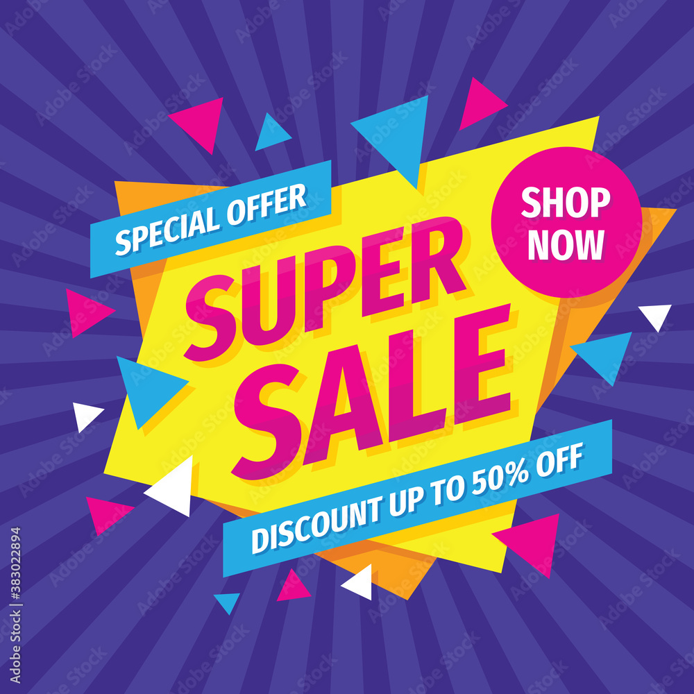 Super sale concept banner design. Advertising promotion poster. Special discount up to 50% off. Vector illustration. 