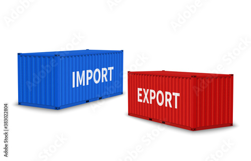Import and export containers. Cargo blue and red container various angles, commercial industrial shipment, international transportation logistic, delivery freight vector realistic concept