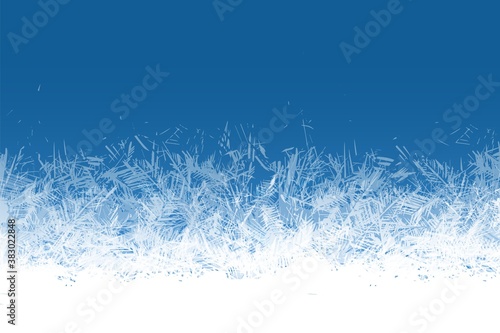 Frost window. Frozen ornament blue ice crystals pattern on window winter beautiful ice frame frosty crystal pattern transparent icy structure xmas festive frostwork vector background
