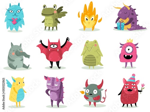 Cute monsters. Funny fabulous incredible creatures with smiles and goofy faces, cartoon alien, dragons and devil spooky creatures halloween characters for print, sticker vector set