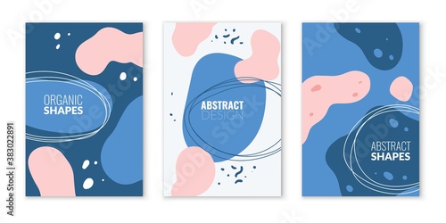 Organic abstract shapes. Modern wavy fluid shape composition, pastel blue and pink texture template for blogs, modern packaging or flyer, vector vertical posters collection