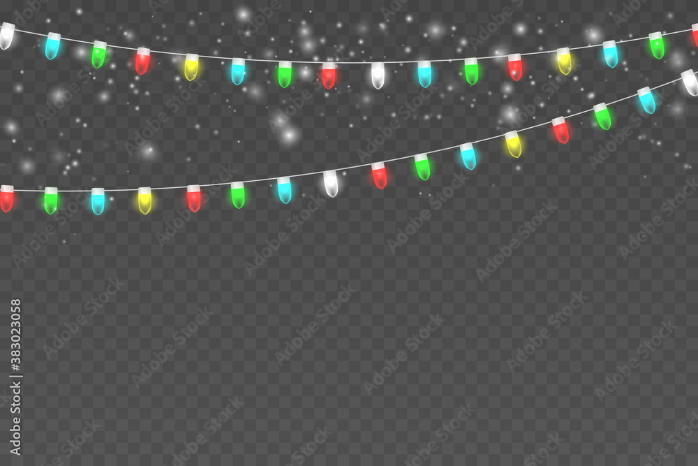 Snowy night with light garlands, falling snow, snowflakes. Winter background. Christmas scene. Vector illustration EPS10