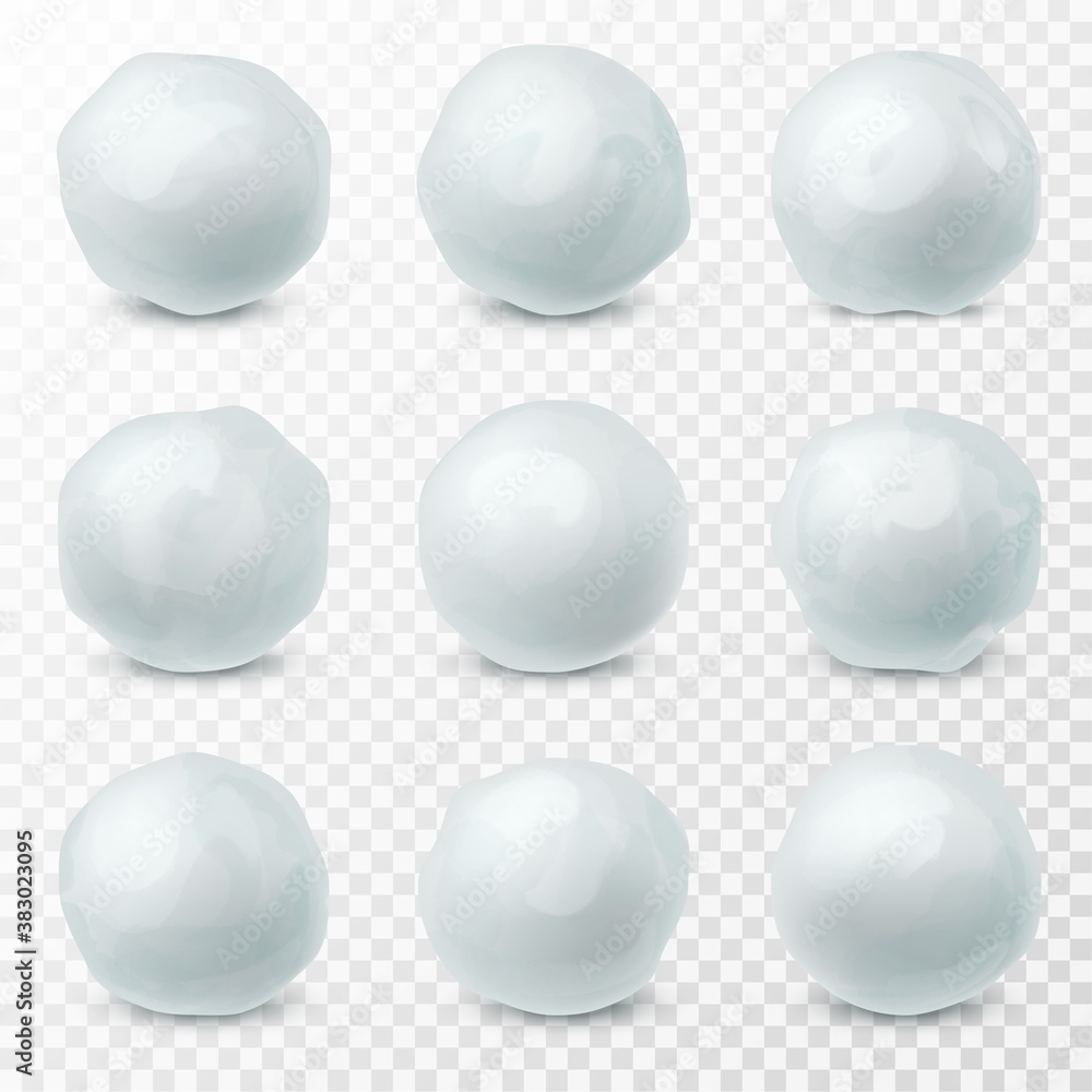 Snowballs. Snow and ice spheres for winter kids fight game, realistic round hailstones, frozen elements for christmas holidays 3d vector isolated on transparent background set Snowballs. Snow and ice spheres for winter kids fight game, realistic round hailstones, frozen elements for christmas holidays 3d vector isolated on transparent background set