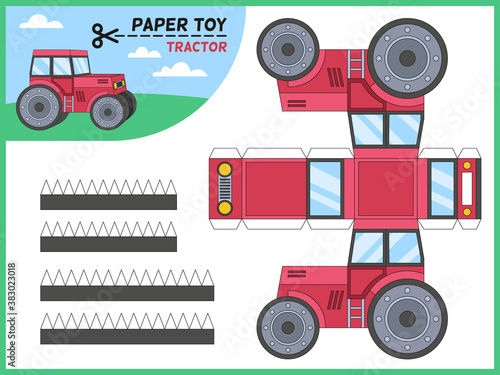 Tractor paper cut toy. Kids handmade educational game printable 3d paper model, worksheet with tractors elements, preschool crafts puzzle toy cartoon vector flat isolated illustration
