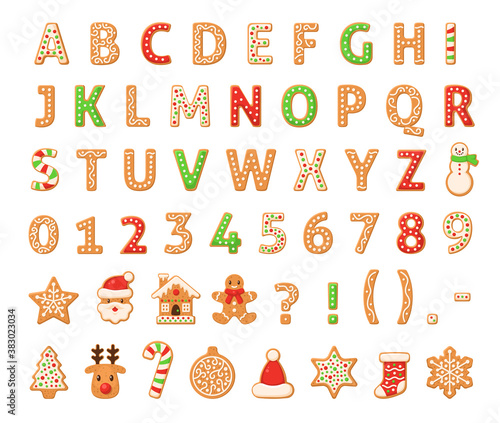 Gingerbread alphabet. Merry christmas and happy new year figures decorated sugar glazed english letters, numbers, abc homemade traditional cookies winter holiday food vector set