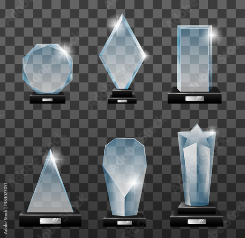 Glass awards. Realistic transparent winner trophy, acrylic stars cups and competition prizes. Empty glass trophy awards vector set. Glossy transparent trophy for award illustration