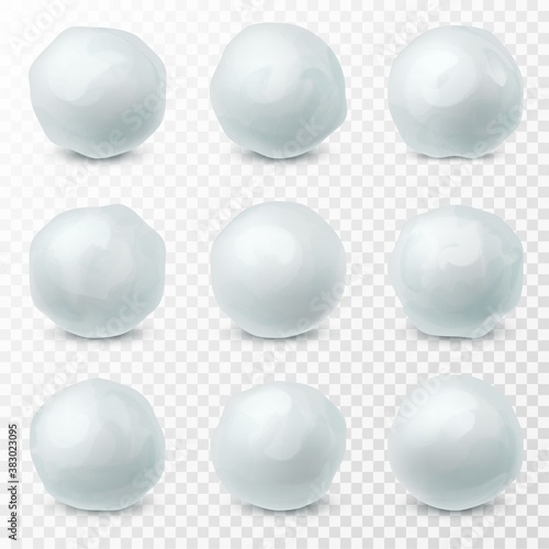 Snowballs. Snow and ice spheres for winter kids fight game, realistic round hailstones, frozen elements for christmas holidays 3d vector isolated on transparent background set