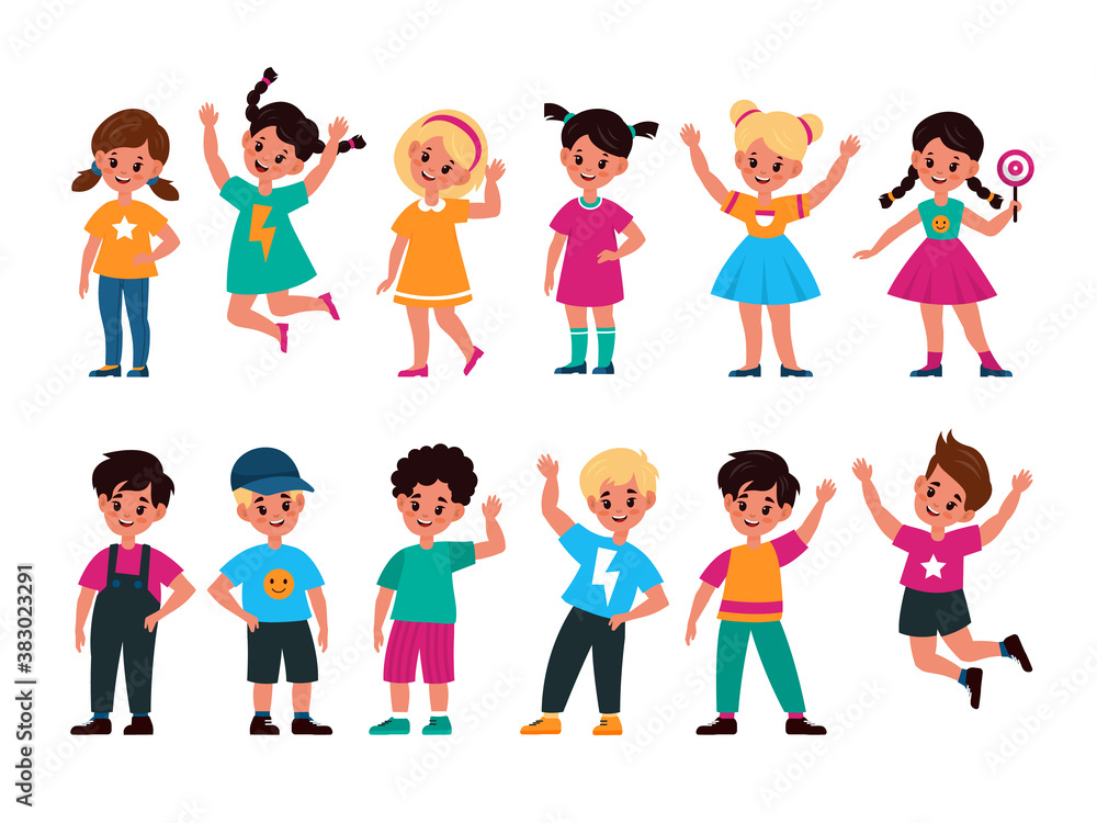 Happy kids. Joyful preschool children in different action poses, waving hand, jumping and standing, little friends girls and boys smile and laughter cartoon flat vector collection