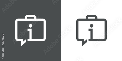 Información de viajes. Preguntas más frecuentes. Logotipo lineal letra i en maletín como burbuja de habla en fondo gris y fondo blanco