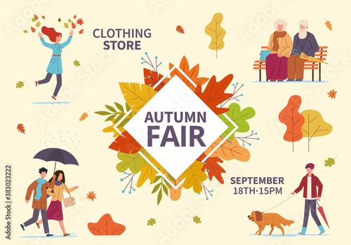 Autumn fair. Fall season public exhibition, clothes sale and flea market, people with umbrellas among yellow leaves. Seasonal discount promotion advertising vector flat banner