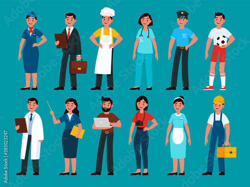 Professionals. Builder and policeman, stewardess and teacher, programmer and businessman, chef and doctor, photographer, football player nurse and housekeeper cartoon people vector set