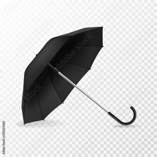 Realistic open umbrella. Side view blank object template, black opened parasol for branding, advertise and presentation 3d single vector mockup isolated on transparent background