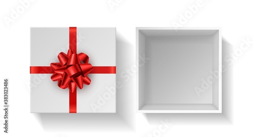 Present box with red bow. Top view gift white open case with red ribbon. Birthday, christmas or valentine day giftbox template. Decoration wrap vector realistic isolated mockup photo