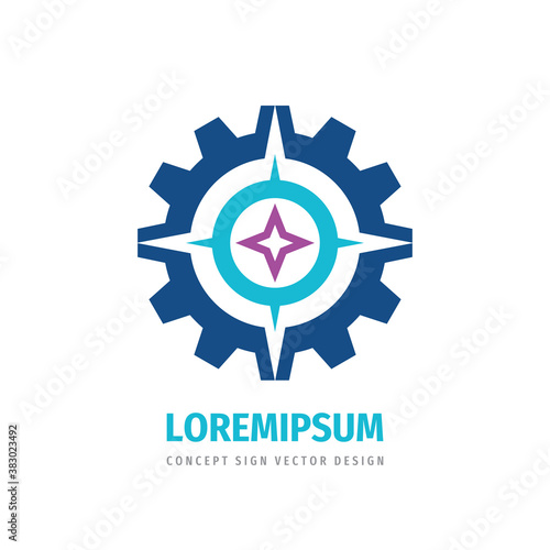 Industrial gear logo template design. Business factory sign. Cogwheel logo symbol. SEO icon. Direction compass concept logo design. Abstract creative business sign. Vector illustratration.