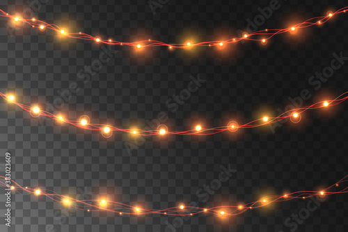 Christmas lights. Set of color garlands, festive decorations. Glowing christmas lights isolated on transparent background. 