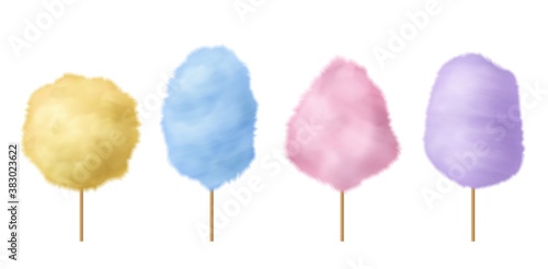 Cotton candy. Sweet sugar candyfloss pink, blue and yellow yummy fluffy dessert with stick, traditional carnival or festival, party or park delicious confection 3d realistic vector set