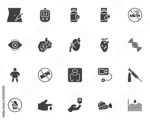 Diabetes treatment vector icons set, modern solid symbol collection, filled style pictogram pack. Signs logo illustration. Set includes icons as blood sugar glucometer, glucose test, insulin injection