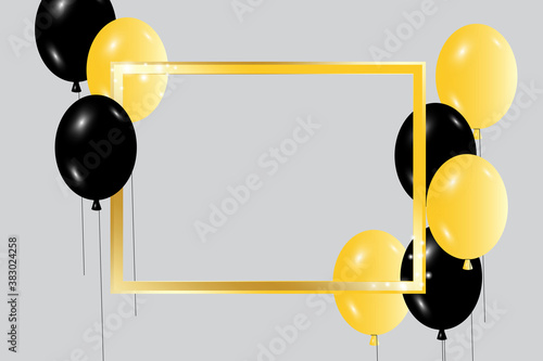 Birthday background. Gold frame black balloons. Decoration for the holiday. Vector illustration. Stock image. photo