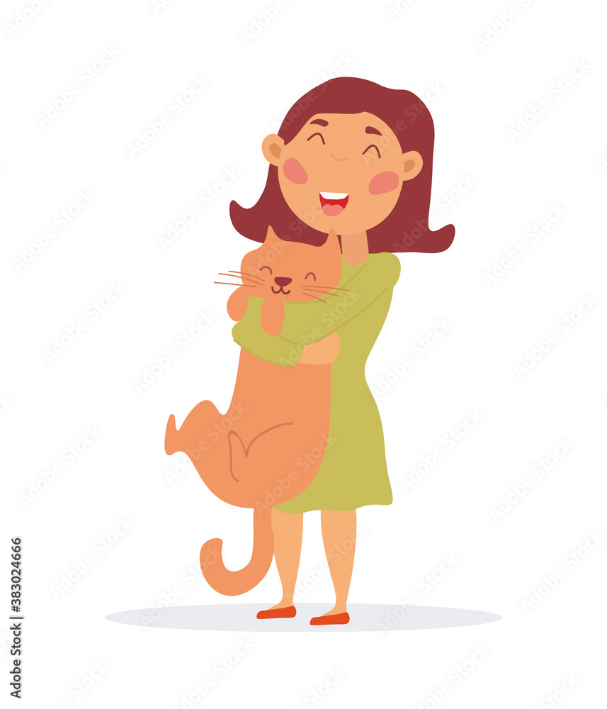 Happy little girl hugging her cat. Cartoon vector illustration Happy little girl hugging her cat. Cartoon vector illustration
