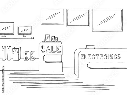 Electronics store interior graphic black white sketch illustration vector