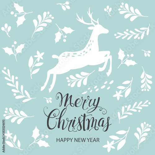 Merry Christmas and Happy New Year. Greeting card with Christmas deer. Vector