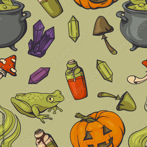 Seamless halloween pattern with magic paraphernalia