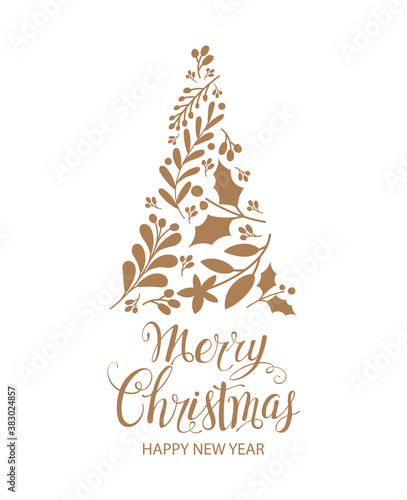 Merry Christmas and Happy New Year. Greeting card with Christmas tree. Vector