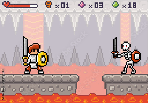 Pixel game interface. 80s graphic. Hero or personage, character of mobile 8 bit game, videogame. Pixelated knight standing in front of enemy skeleton from other side. Monster ready to fight with hero