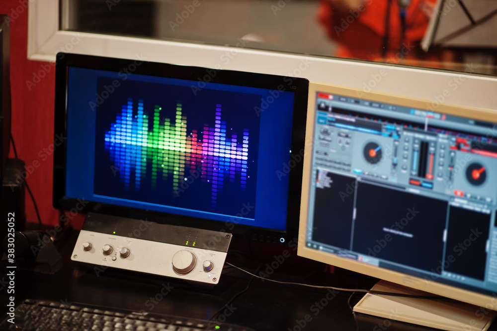 Monitors with microphone in record music studio. Monitors with microphone in record music studio.