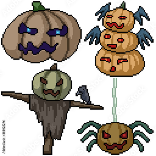 pixel art set isolated pumpkin monster halloween