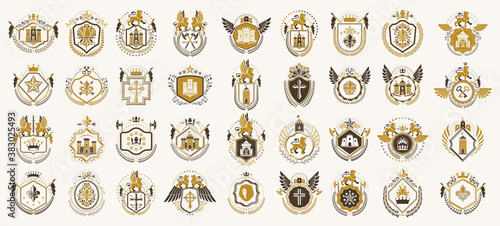 Heraldic Coat of Arms vector big set, vintage antique heraldic badges and awards collection, symbols in classic style design elements, family or business logos.