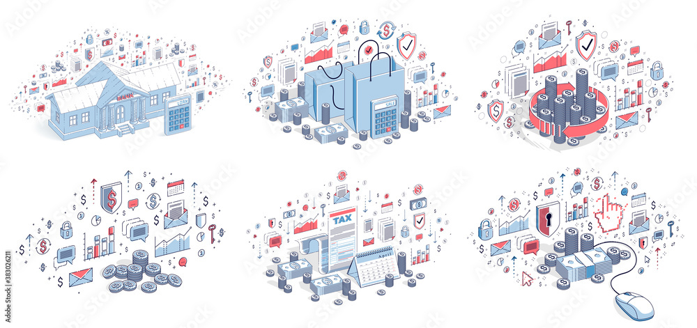 Fototapeta premium Business and finance concepts 3D vector illustrations set isolated on white background, money theme conceptual design collection, savings, bank, contract, income, safety, online.