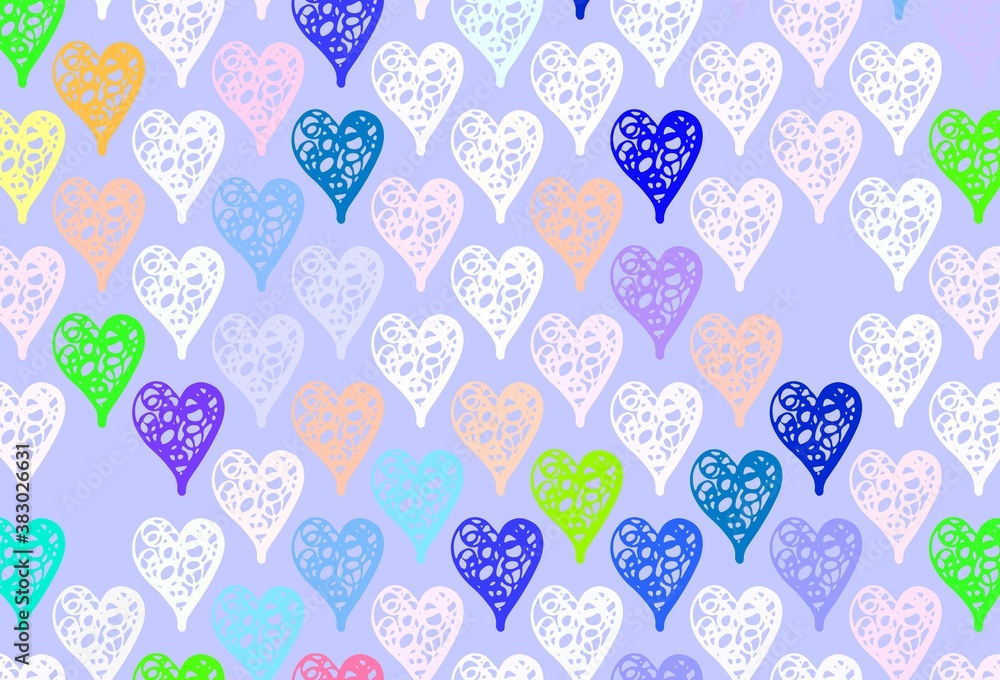 Light Multicolor vector template with doodle hearts.