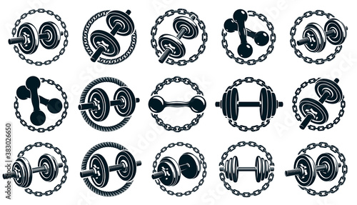 Gym fitness sport emblems and logos vector set isolated with barbells and dumbbells, athletics workout sport club, active lifestyle.