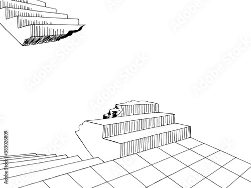 Broken stairs graphic black white dreams nightmare horror interior sketch illustration vector