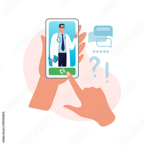 Online consultation with a doctor. Reception at the hospital for a video call, hands holding a smartphone with a man doctor with a stethoscope on the screen. Flat vector illustration.