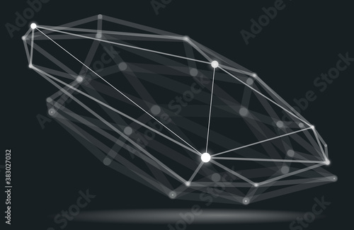 Abstract 3D mesh shape vector illustration, dots connected with lines technology polygonal object, dynamic tech and science lattice, with realistic depth of field effect.