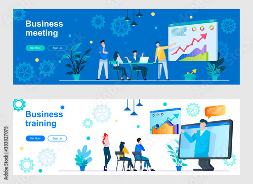 Business meeting landing page with people characters. Corporate coaching and professional skills development web banners set. Business team training vector illustration great for social media cover.