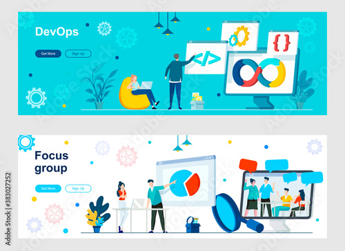 DevOps and focus group landing page with people characters. Potential customers discussion and opinion web banner. Programming and engineering service vector illustration great for social media cover.