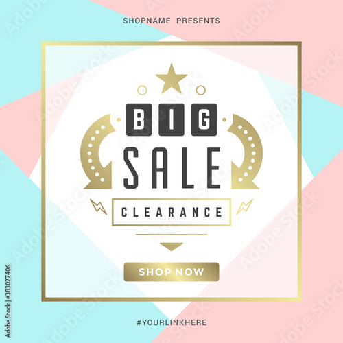Sale banner template design with gold frame and clearance message vector illustration