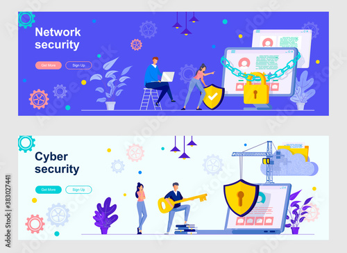 Cyber security landing page with people characters. Internet privacy, password identification web banners. Network security consultation and assistance vector illustration great for social media cover