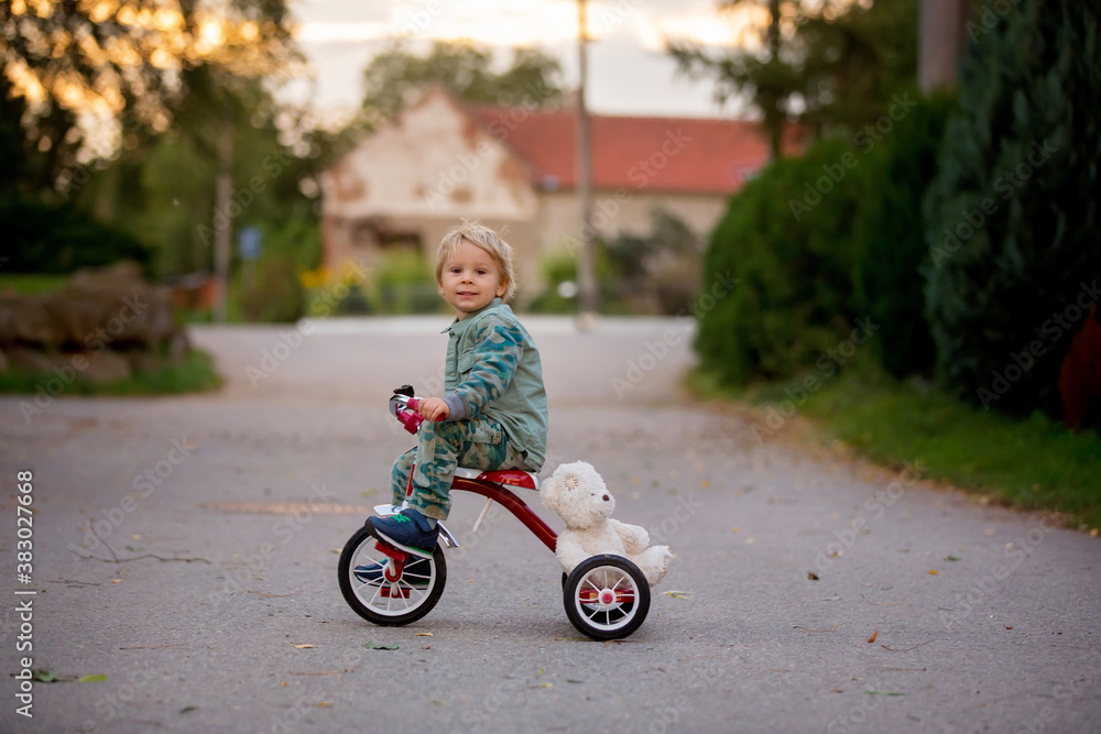 Toddler child, blond boy, riding tricycle in a village small road on sunset Toddler child, blond boy, riding tricycle in a village small road on sunset