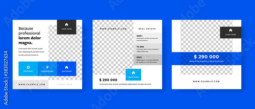 Real estate agency social media post layouts. Square graphic templates for agents selling houses